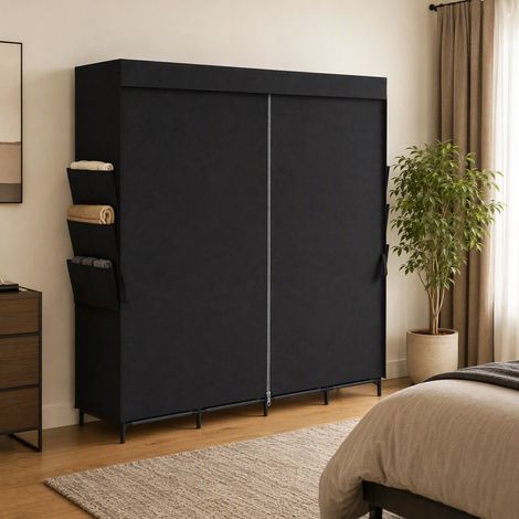 Armoire gain de place en tissu avec 5 tringles, 4 étagères, 6 poches latérales, 170 x 45 x 167 cm, noire (1/5)