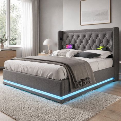 Lit coffre 180x200 gris coton LED USB-C HAVRYA (1/5)