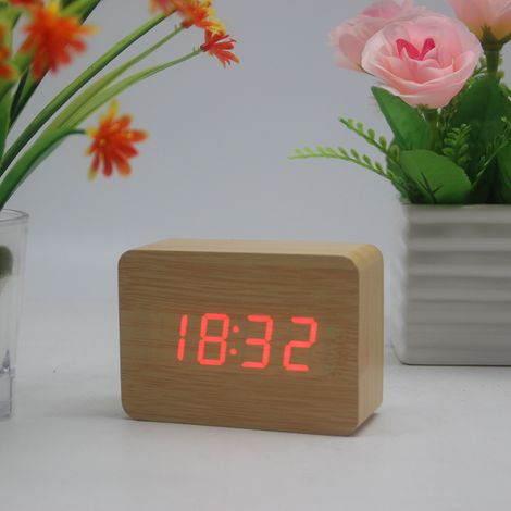 MINKUROW Reloj De Escritorio Hora/Fecha/Temperatura Despertador Marrón Faux Leather Red Led Bamboo Red Letter (1/5)