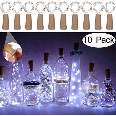 Confezione da 10 luci a LED per bottiglie di vino, luci a stringa in filo di rame con cordino in sughero per decorazioni di matrimoni, Natale e feste (bianco) (1/4)