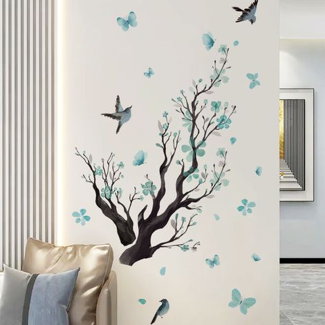 Sollbry Stickers Muraux Branche de Fleur Autocollant Mural Fleurs Bleues Arbre Oiseaux Décoration Murale Enfants Chambre Salon (1/5)
