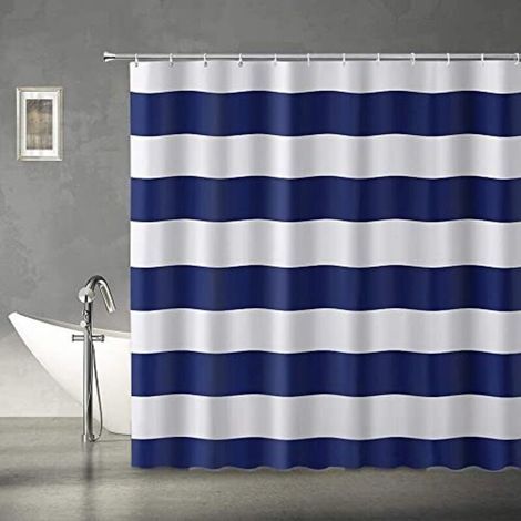Navy blue, blue and white striped shower curtain, durable bathroom decoration with hooks (1/4)