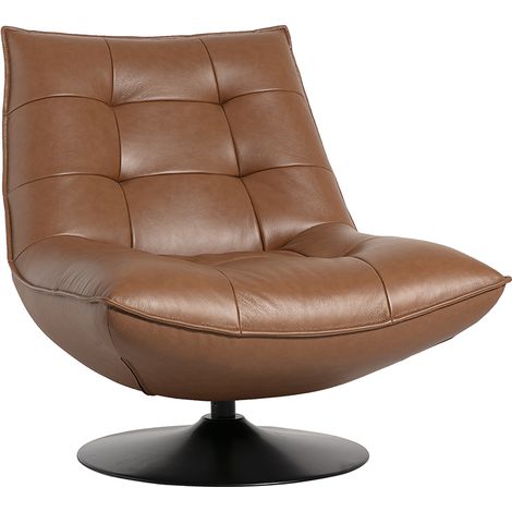 Sillón giratorio de cuero marrón y metal negro HUXLEY (1/4)