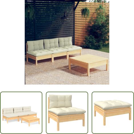 Canapé extérieur - Salon de jardin 4 pcs avec coussins crème Bois de pin (1/5)
