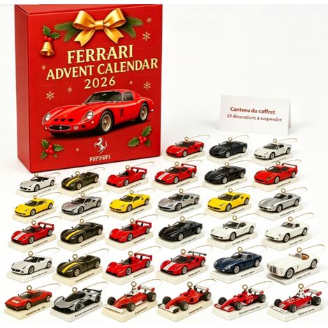 Calendrier de l'Avent 2026 thème voitures de sport, 24 décorations suspendues style Ferrari, ornement de sapin de Noël à suspendre (1/5)