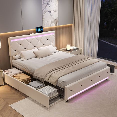 Letto 160x200 cm, letto matrimoniale, 4 cassetti portaoggetti, LED, USB, velluto, beige (1/5)