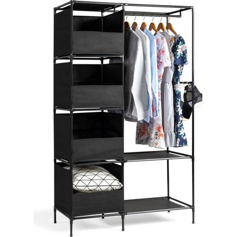 Armoire penderie suspendue 4 niveaux 105x45x170cm noir, dressing tissu avec rideau et rangements (1/5)