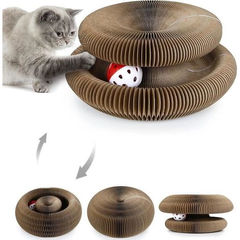 Griffoir pour chat Jouet Chats ®WHD© Grattoir en Carton Ondulé Papier recyclé Pliable Organique interactif Durable Avec Boule (1/4)