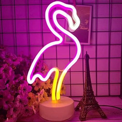 Lampada da tavolo a LED al neon con fenicottero rosa - Illuminazione ambientale a batteria per camera da letto