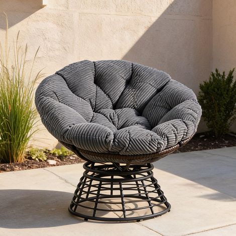Fauteuil Papasan en rotin avec coussin gris pivotant 360° (1/5)