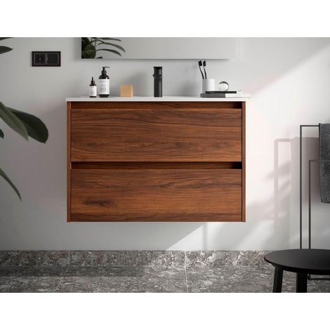 Meuble bas Noja 800 2 tiroirs + vasque noyer (1/4)