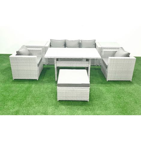 Fimous Gartenmöbel-Set aus Rattan mit Sofa Esstisch 2 Sesseln Großer Fußhocker 2 Beistelltischen Hellgrau gemischt (1/5)