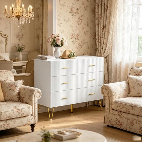 Commode Design à 6 Tiroirs - 100x40x75cm - Buffet avec Pieds Dorés et Façades Striées pour Salon ou Chambre - Blanc et Or (1/5)