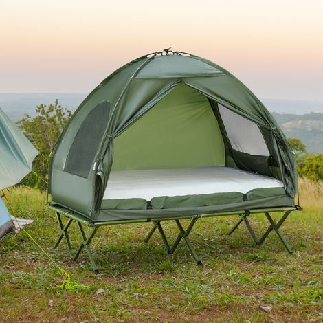Lit de Camping Double 4 en 1 Pliable avec Matelas Gonflable, Tente, Sac de Transport, Oxford Acier 193x145x180 cm Vert