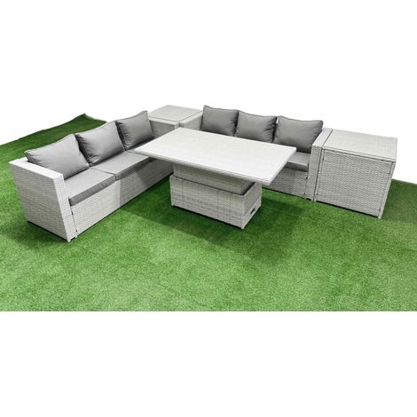 Fimous 5 PCs Rising Dining Table Set Rattan Furniture Set with 3 Seater Sofa 2 Side Tables Light Grey (1/5)