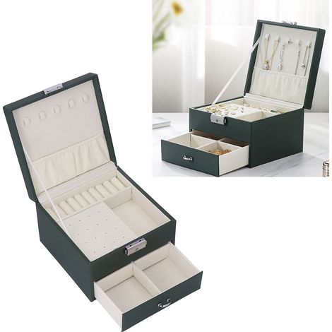 Boîte à bijoux en cuir PU, étui de rangement à bijoux à 2 niveaux, présentoir pour bijoux pour femmes et adolescentes, vert foncé (1/5)
