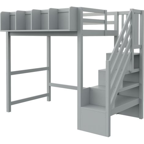 Letto a soppalco multifunzione 90 x 200 cm grigio con sponde, contenitori, LED e scala (1/5)