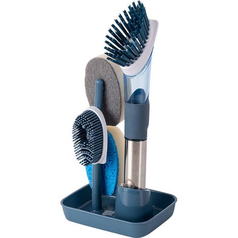 Brush À Vaisselle 4-en-1 - Distributeur De Liquide - Têtes De Rechange ×4 - Support Inclus - Poignée Ergonomique - Pour Casseroles Et Éviers - Bleu
