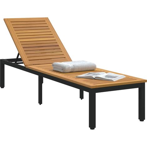 Chaise longue Transat Bain de soleil Noir 200 x 55 x 35 cm Bois d'Acacia Massif (1/4)