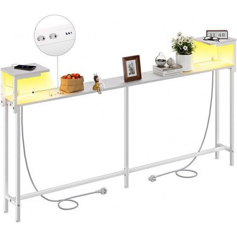 ECOFURNIX Table Console Longue LED, 180cm Console Meuble avec 2 Prises et Ports USB-C, pour Couloir et Entrée, Blanc