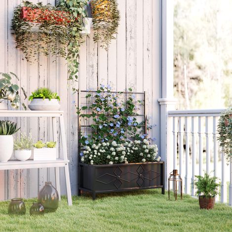 Fleurs et balcon - Jardin surélevé extérieur acier avec treillis et 2 trous de drainage 90×40×120 cm, noir, pour plantes grimpantes
