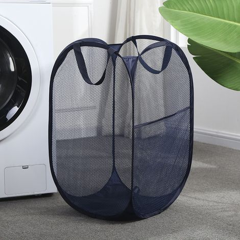 Grand panier à linge pliable bleu marine avec espace de rangement, ouverture carrée, côtés en filet, panier à linge port (1/4)