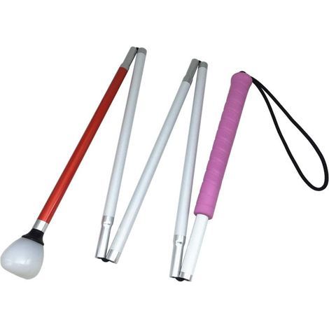 1 weißer Faltstock, 5-teilig, Aluminium, mit Radspitze, Reflektorstreifen und rutschfestem Griff, für Sehbehinderte (1/5)