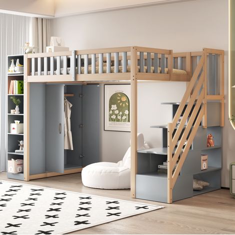 Letto a soppalco 90x200 in legno con armadio DESVIAE (1/5)