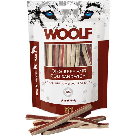 Friandises pour chiens Woolf, sandwich au bœuf et à la morue, pour chiens de petite, moyenne et grande race, 100 g