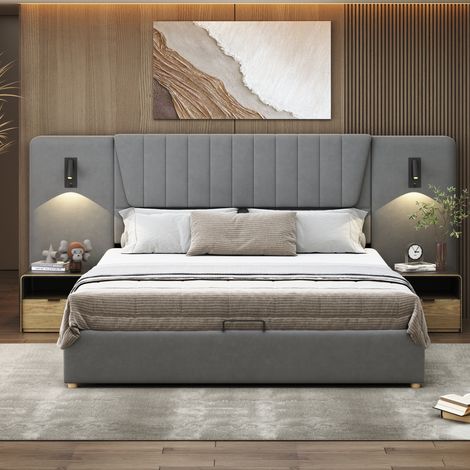 Lit coffre hydraulique 180x200, tissu velours gris, tête de lit prolongée, lampe flexible intégrée et port USB, lit double rembourré confortable. (1/5)