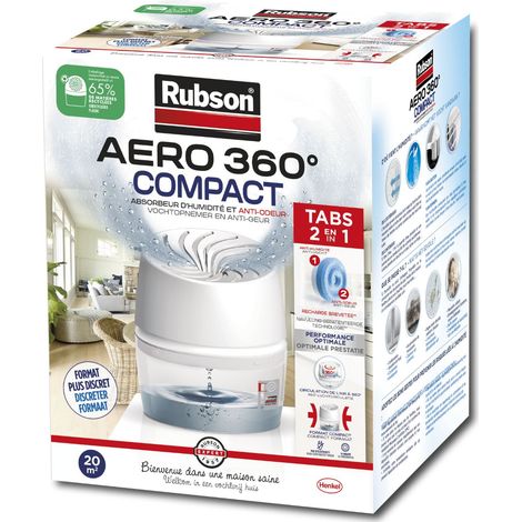 Rubson – Déshumidificateur AERO 360° compact – Absorbeur d'humidité 20m² – Système anti-odeur – Recharge 450g – Silencieux et sans électricité