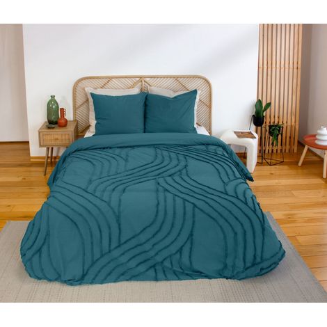 Parure de lit VERLAINE – 240x220 cm – Coton lavé tufté – 52 fils/cm² - 220x240cm - Bleu marine (1/2)