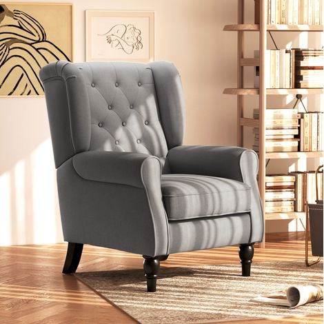 Ohrensessel 74x86x102 cm Dunkelgrau aus Polyester mit Knopfheftung und Holzbeinen (1/5)