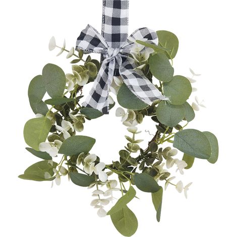 Mini Xmas Wreath Artificial Green Leaves Kitchen Cabinet Wreath for Windows Table TV Cabinet Decor with Black White Check Bow (1/3)