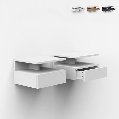 Set 2 comodini sospesi a parete con cassetto per camera da letto Alabastro - Bianco