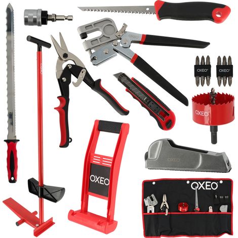 Kit outils plaquiste pro - 10 Outils - Couteau isolant - Cale plaque - Pince - Cutter - Cisaille - Scie cloche - Porte embout