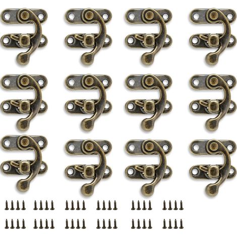 Ganchos de cierre antiguos, color bronce, juego de 12 unidades, con tornillos, adecuados para joyeros de madera, cajas de herramientas, maletas, etc. (1/5)