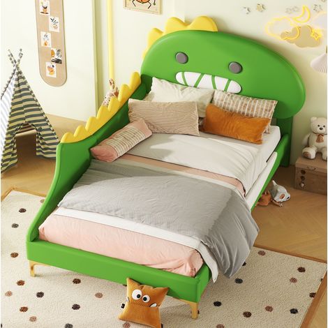 Cama infantil 90 x 200 cm dinosaurio cartoon, PU y MDF, verde DESVIAE (1/5)