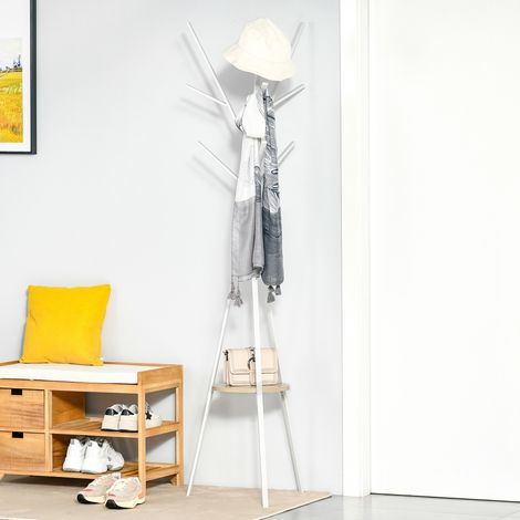 Porte-manteau avec étagère et 8 crochets, armoire moderne pour vêtements, chapeaux, sacs, salon, blanc