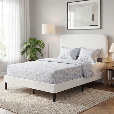 Estructura de Cama Doble con Cabecero Ajustable en Altura Tapizada en Borreguito Listones de Soporte Blanco