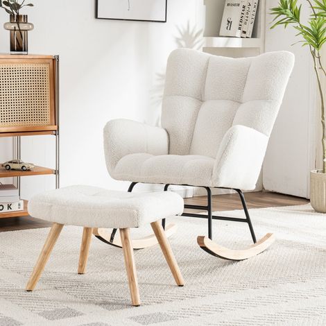 Fauteuil à bascule relax - 94x64x92 cm - Avec repose-pieds en tissu bouclé pieds bois et métal - Blanc (1/5)