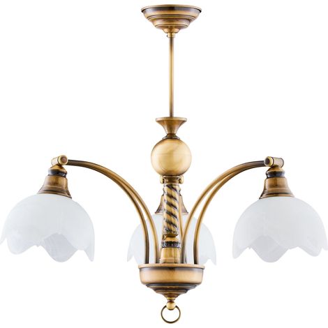 Lampadario vintage 3 luci ottone patinato vetro bianco