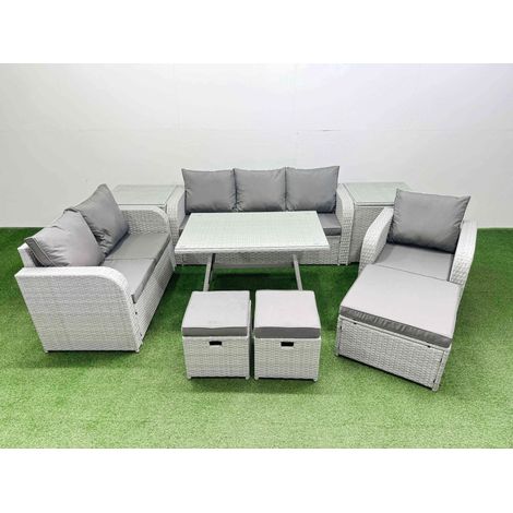 Fimous Rattan High Back Lounge Sofa Set Patio Dining Table & Chairs Set with 3 Seater Sofa Reclining Chair 2 Side Tables 3 Stool Light Grey (1/4)