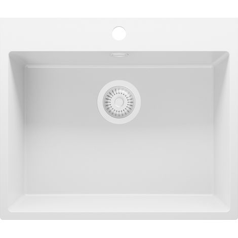 PRIMAGRAN Evier Cuisine en Granit 58x50cm, Lavabo 1 bac + Kit de Vidage, Évier à Encastrer au meuble 60cm - Riga, Tout Blanc