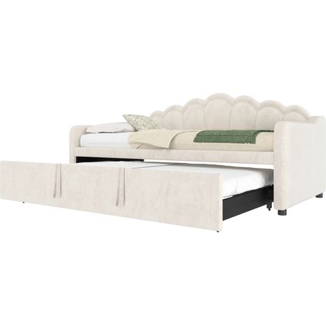 (=WX000656AAA) Lit de jour avec lit gigogne, canapé-lit, lit simple (sans matelas), lit double, velours, bande LED à changement de couleur, 90x200cm(180x200cm), beige