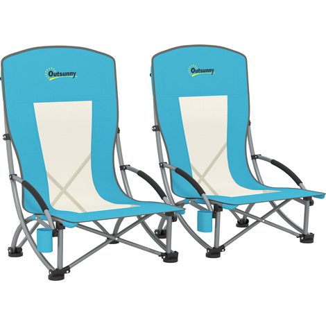Lot 2 chaises plage pliantes camping légères sac transport porte-gobelet 70x58x79 cm bleues