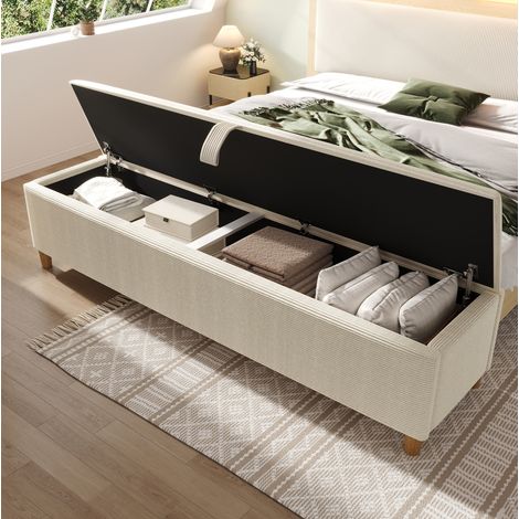 Panca contenitore 145x38x46 cm, vano portaoggetti idraulico, corduroy, legno, beige (1/5)