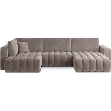 Sofá de esquina BONITA convertible 6 plazas beige efecto tela – derecho – 350x175cm (1/3)