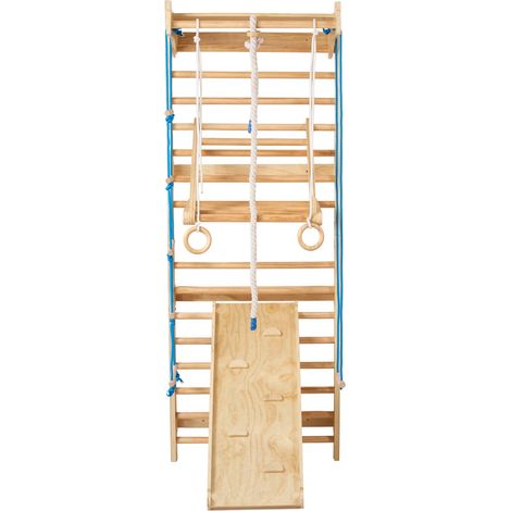 Structure de jeux murale suédoise 8 en 1 à 15 niveaux en bois massif, échelle, toboggan, barre de traction et anneaux (1/5)