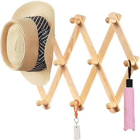 Appendiabiti retrattile, appendiabiti in legno estensibile da parete con 10 ganci, mollette verticali, supporto da parete per cappotti, cappelli e vestiti (1/5)